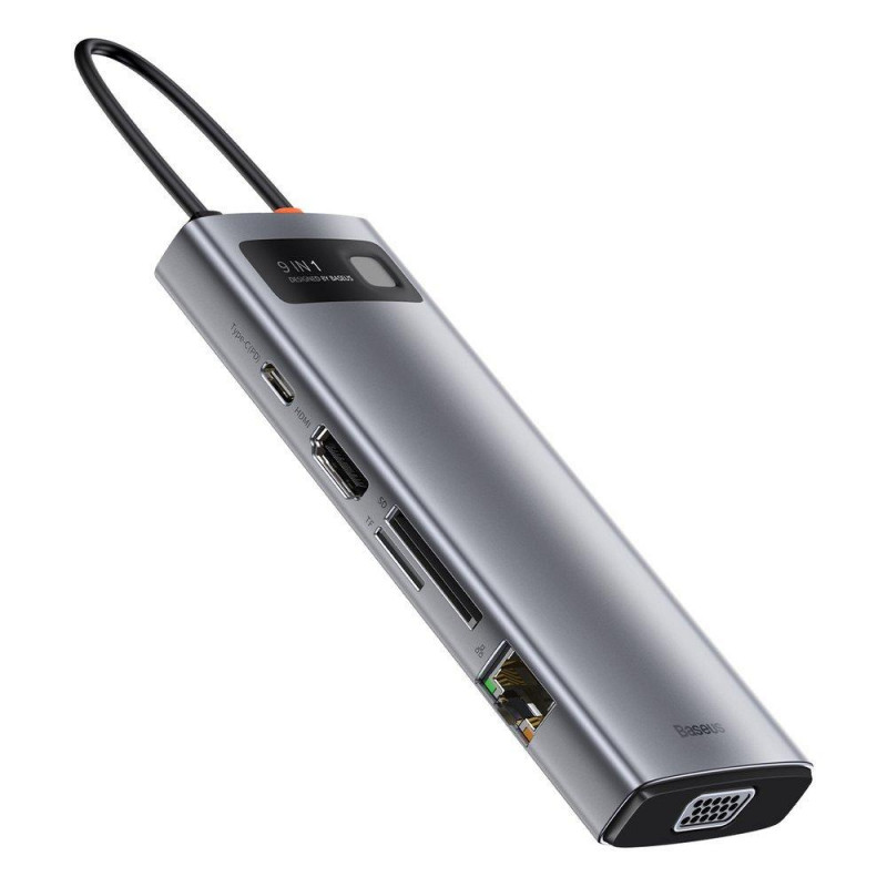HUB Baseus Metal Gleam Series 9-in-1 (3xUSB3.0+4KHD+TF+SD+Type-C PD+VGA+RJ45) Gray
