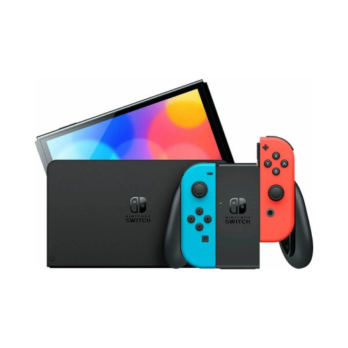 Nintendo Switch OLED with Neon Blue and Neon Red Joy-Con