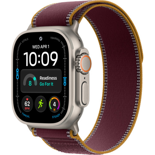 Apple Watch Ultra 4 Natural Titanium Case with Burgundy Trail Loop M/L (MJCR4+MK8H4)