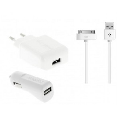 Energizer СЗУ USB + АЗУ USB  + кабель для Apple iPhone 4/4S 1A белый (31UEUCIP2)