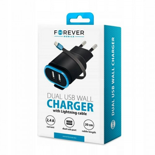 СЗУ Forever TC-02 2xUSB 2.4A + кабель lighting Black (GSM032682)